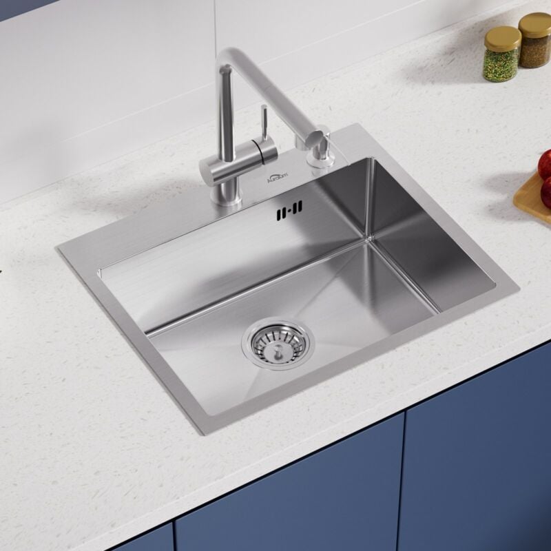 Edelstahl Küchenbecken 55 x 45 cm Einbauspüle Spülbecken Einbauspüle Küchenspüle rechteckig mit Siphon und Seifenspender, Gebürstet - Auralum