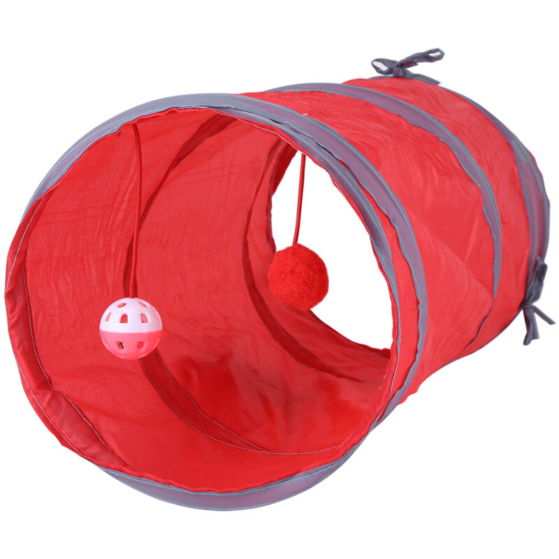 Ausla Haustiertunnel, Kleintiertunnel mit Glöckchen und Plüschball, Spielzelt für Katzen, Kätzchen, Kaninchen, Frettchen (Rot)