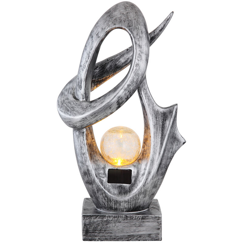 Außenlampe modern Solarleuchte Garten Terrassenlampe silber, LED Gartendeko Feuereffekt Crackle Glaskugel, 1x LED 3000K warmweiß, LxBxH 25,5x11x45 cm
