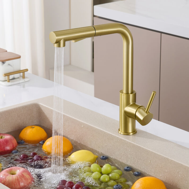 Ausziehbare Küchenarmatur – 2 Strahlarten, 360° drehbar Wasserhahn, Hochdruck Mischbatterie Küche, Gebürstetes Gold