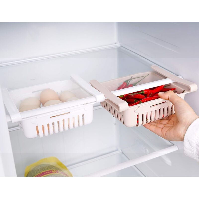 Ausziehbare Kühlschrank-Aufbewahrungsbox mit Schubladeneinsatz, Kühlschrank-Aufbewahrungsbox für mehr Ordnung im Kühlschrank (2er-Pack) Weiß + Khaki