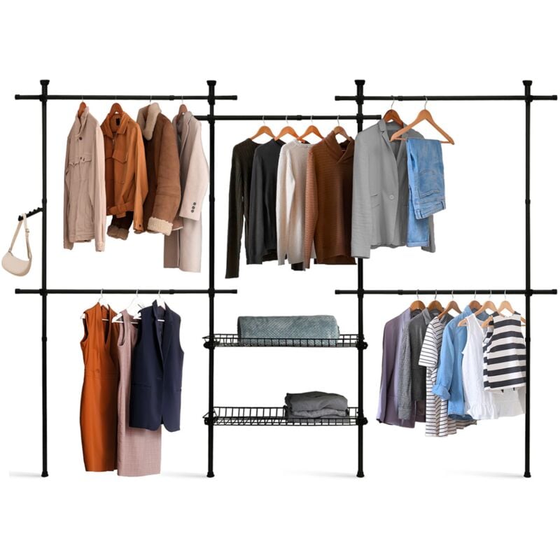 Ausziehbare Teleskopgarderobe eliot 209/305 cm 5 Kleiderschränke + 2 Körbe aus Metall schwarz