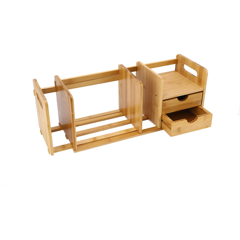 Ausziehbarer Schreibtisch aus Bambusholz, Tischplatte, Bücherregal, Bücherregale, Bücherregal, Organizer mit 2 Schubladen