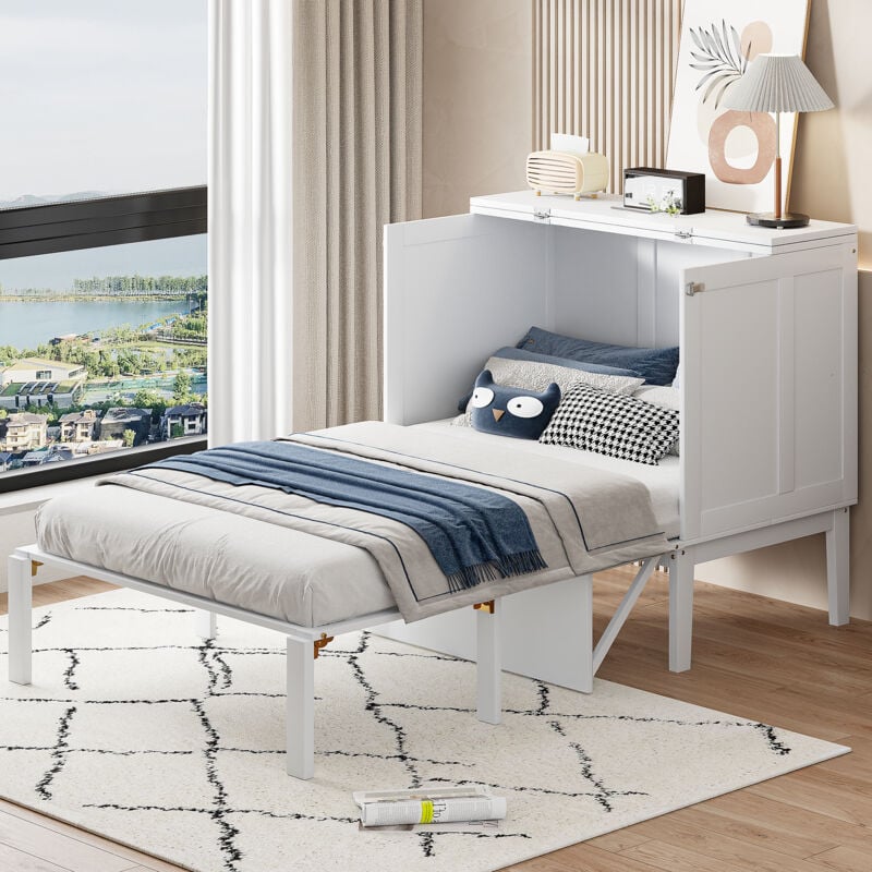 Ausziehbares Bett 90x200 cm, ausziehbares Bett mit Lattenrost, Wandausziehbett, vertikales ausziehbares Bett mit Lattenrost, Jugendbett, weiß