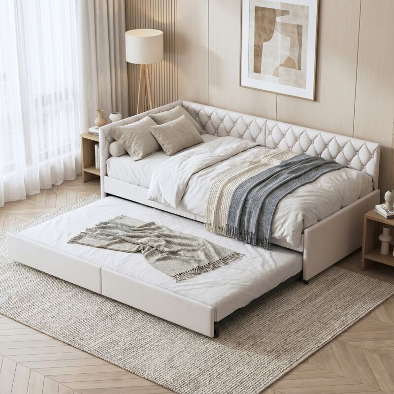 Schlafsofa Gästebett 90x200 ausziehbar, Polsterbett, für Jugendzimmer & Gäste, Samt, Holzlattenrost, moderner Skandi-Stil(90x200cm, Beige)