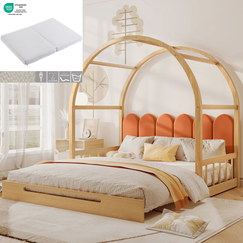 Ausziehbett 140×100 cm und 140×200 cm, Bett 2 Personen mit Gewölbtem Dach, Kissen und Schutzseiten, Matratze Inklusive, Holz, Natur