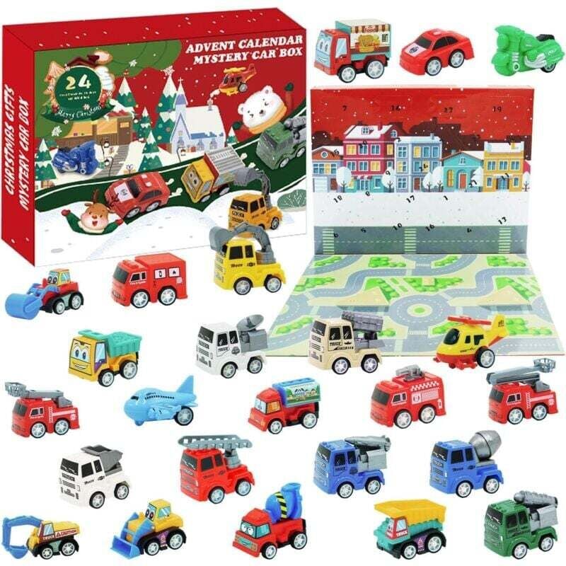 Auto-Adventskalender, Renn-Adventskalender für Kinder, Spielzeugauto mit Weihnachtskalender und Countdown, Fahrzeuge mit Hinterradantrieb,