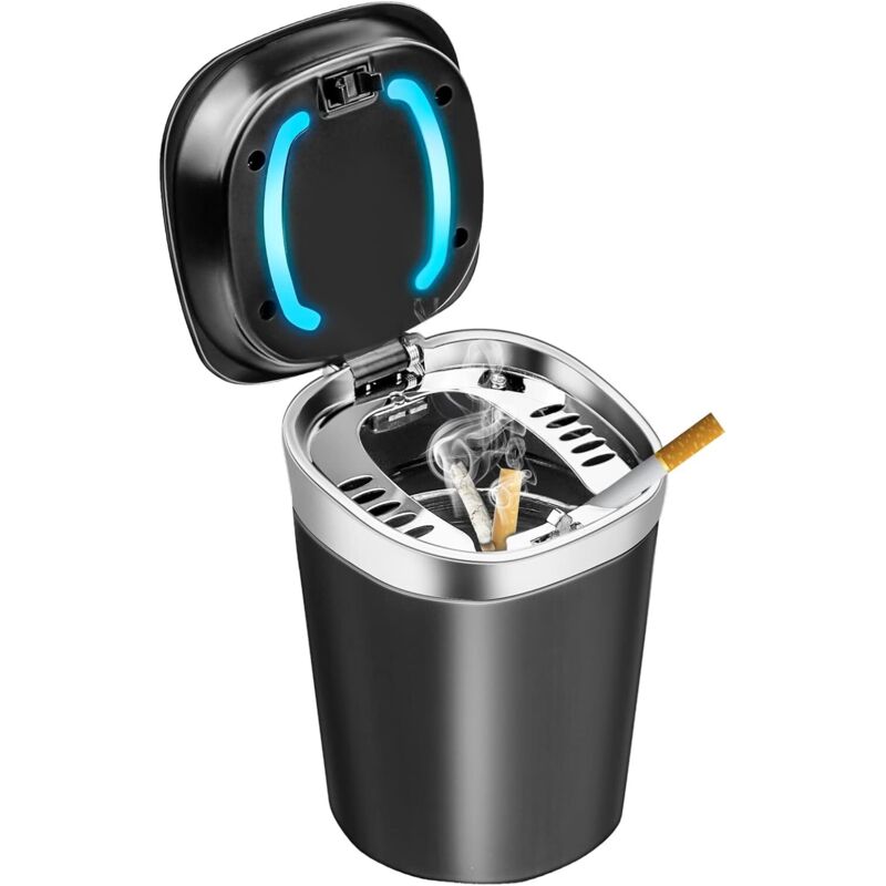 Auto Aschenbecher, Tragbare Edelstahl Aschenbecher Auto mit LED Licht und Deckel für Auto Haus Büro