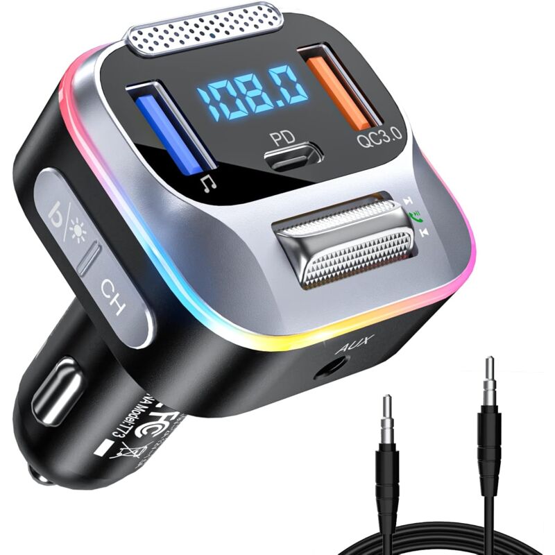 Auto-Bluetooth-FM-Transmitter, Bluetooth 5.0-Zigarettenanzünder PD+QC3.0-Autoladegerät, Aux-Empfänger, großes Mikrofon und tiefes Bass-HiFi,