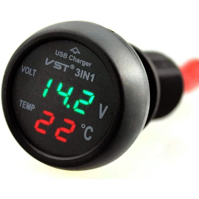 Alovez - Auto-Voltmeter, 3-in-1 12–24 v Autothermometer, USB-Ladegerät, Voltmeter mit digitaler LCD-Anzeige