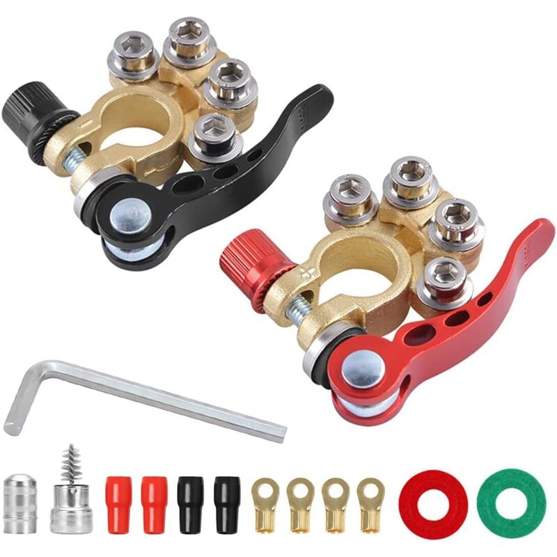 Autobatterie-Anschlussklemmen, 2 Stück 4-Wege-Schnelltrenn-Autobatterieklemmen für SAE/JIS-Typ-A-Pfosten, kompatibel mit Autos, Lieferwagen, LKWs und