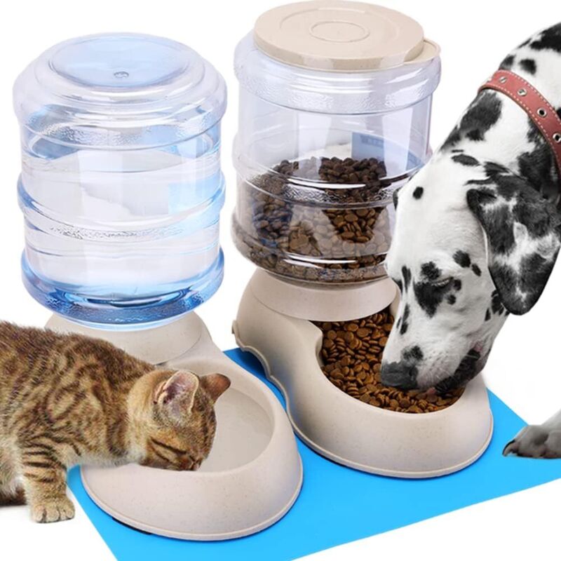 Futter- und Wasserspender, automatischer Brunnen, Tränke und Futterspender für Katzen/Hunde/Haustiere, 3,8 l x 2 Stück und Futtermatte