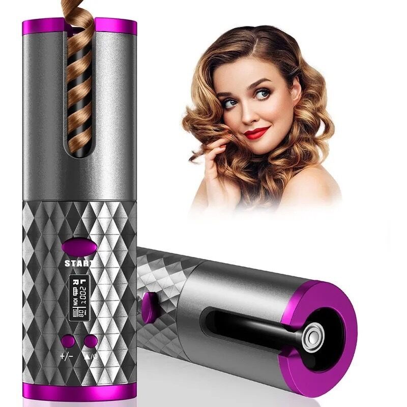 Automatischer, kabelloser Lockenstab, 3 Temperaturstufen, 4 Timer-Einstellungen, USB-aufladbar, Grau