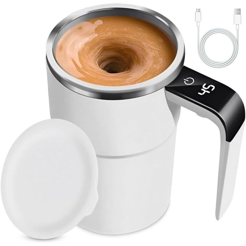 Automatischer Mixbecher aus Edelstahl für Kaffee, Tee, heiße Schokolade, Milch, Kakao, Proteinpulver (Modell 2 weiß)