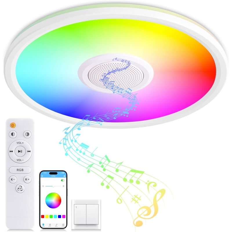 AUTRUCKER Intelligente Deckenleuchte mit Fernbedienung und Bluetooth-Lautsprecher, Tuya RGB Bluetooth-Steuerung, dimmbar, Umgebungslicht, geeignet