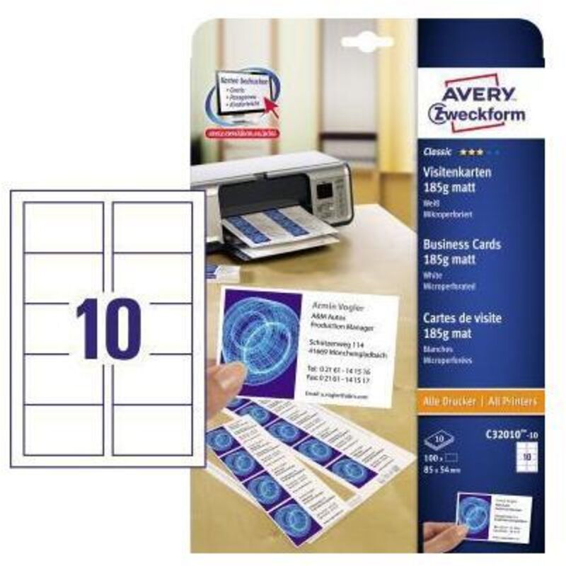 Avery - Visitenkarte Classic din A4 185g/m² weiß 10 Bl./Pack. 100 St./Pack.