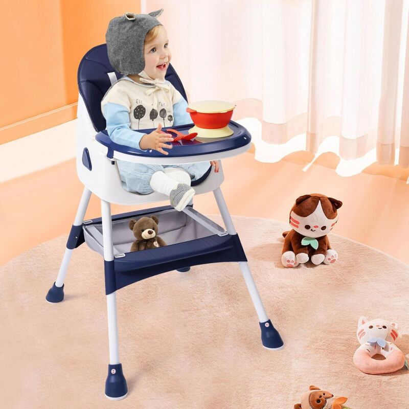 Baby Hochstuhl, Kinderhochstuhl mit Babyliege, Verstellbar Klappbar Hochstuhl Baby mit Fußstütze,Sicherheitsgurte,Doppeltablett, für ab 6 Monaten blau