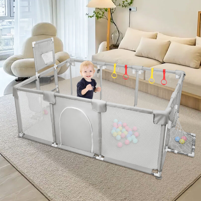 Baby Laufstall 182x 120x 66cm mit Basketball-Netz atmungsaktivem Babys laufgitter mit Sicherheitstür 50 Ozeanball Hellgrau