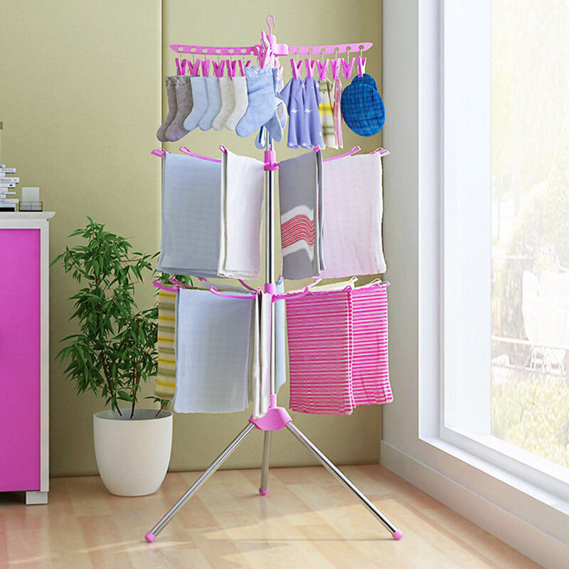 Baby-Laufstall, 3-stöckiger, klappbarer Wäscheständer und Kleiderbügel für Kleidung und Mäntel, rosa