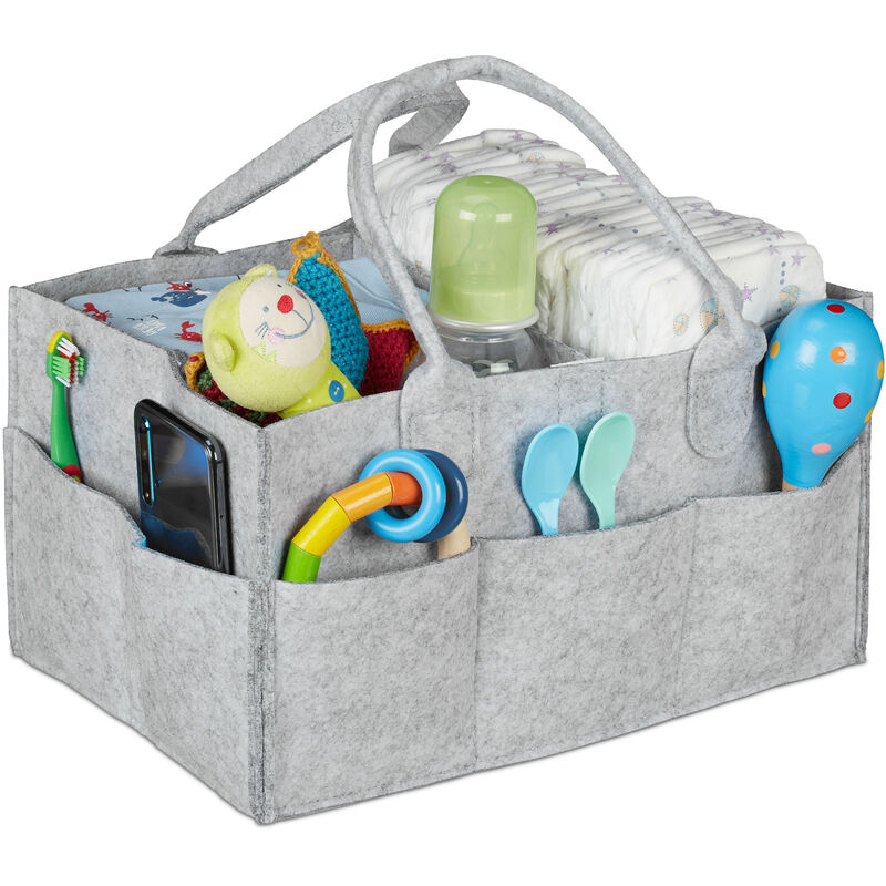 Relaxdays Baby Windel Caddy, 11 Fächer, entnehmbare Trenner, tragbare Filztasche, Auto & Wickeltisch Organizer, hellgrau