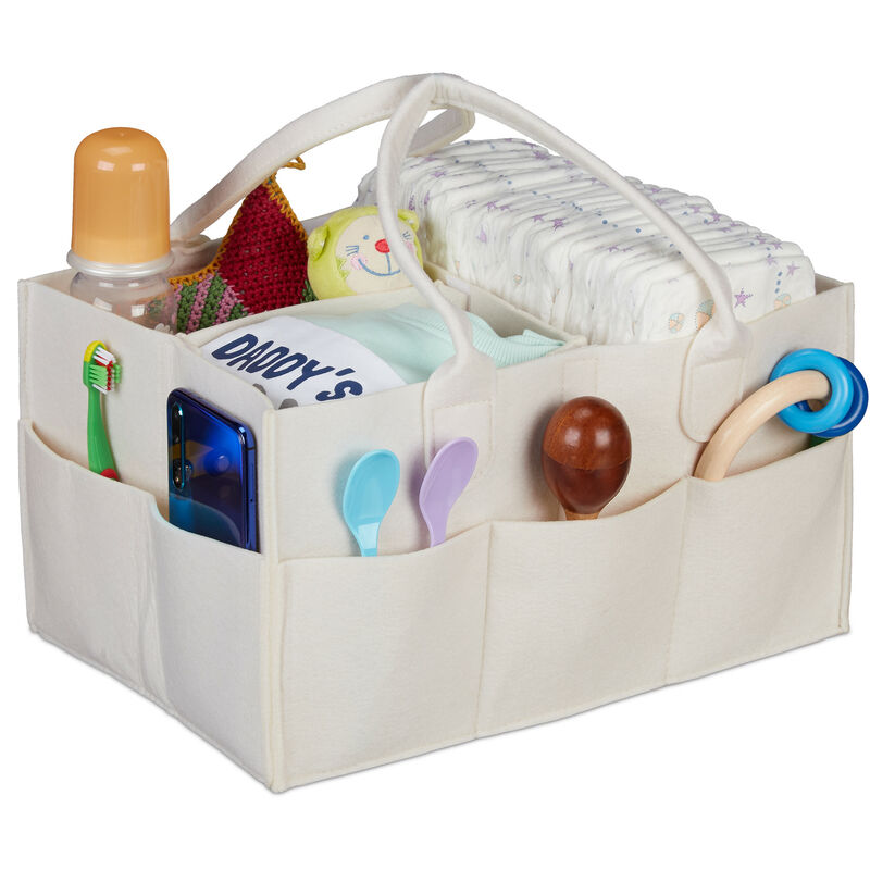 Relaxdays Baby Windel Caddy, 11 Fächer, entnehmbare Trenner, tragbare Filztasche, Auto & Wickeltisch Organizer, beige