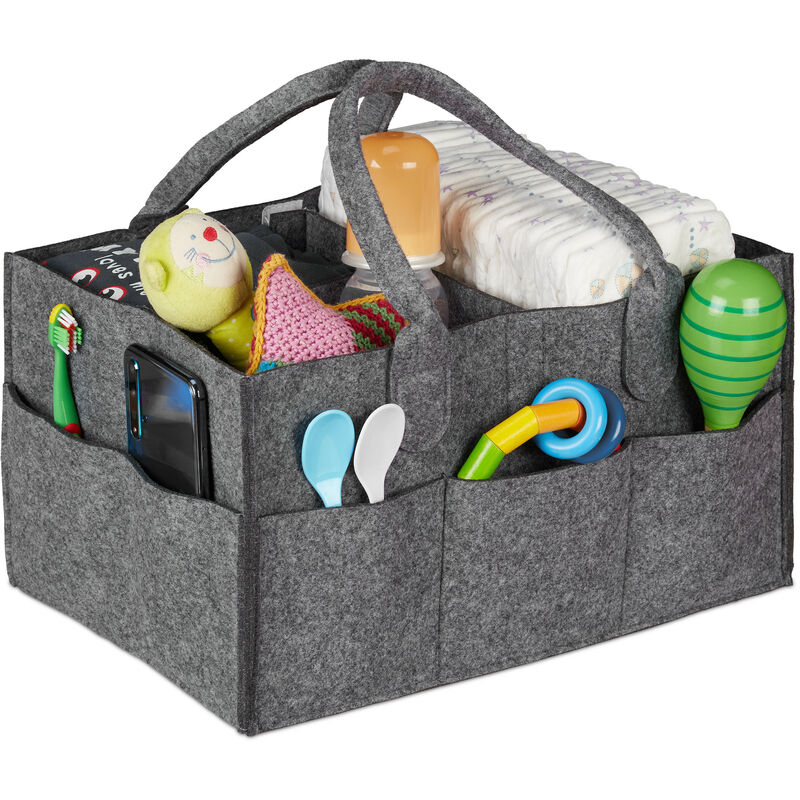 Relaxdays Baby Windel Caddy, 11 Fächer, entnehmbare Trenner, tragbar, Filztasche Auto, Wickeltisch Organizer, dunkelgrau