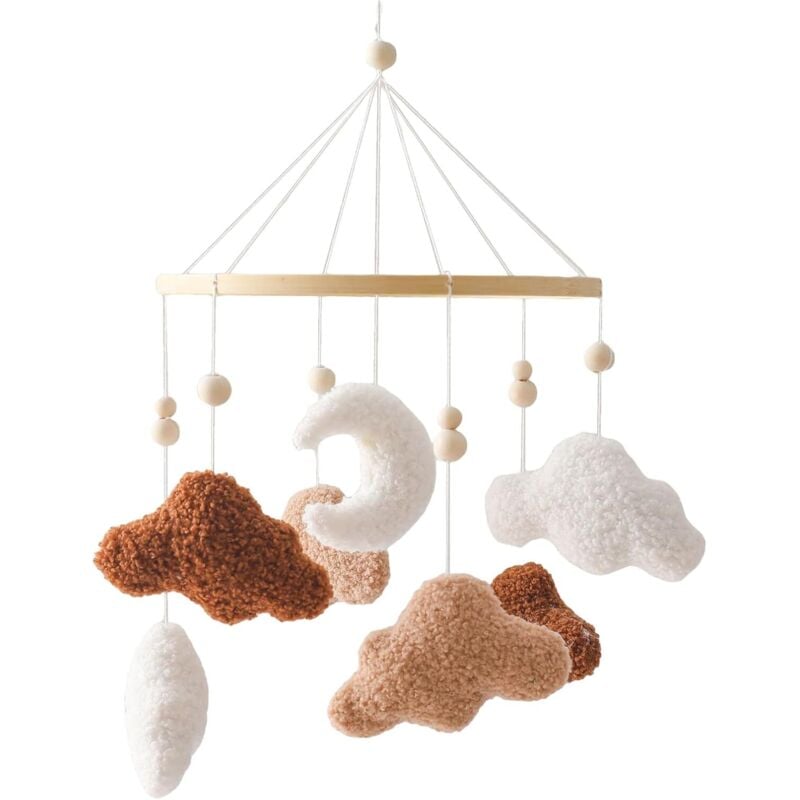 Baby Windspiele, Babybett Mobile Holz mit 3D Wolken Mond, Kinderzimmer Hängende Bettglocke, Neugeborenen Geschenk für Baby Jungen und Mädchen