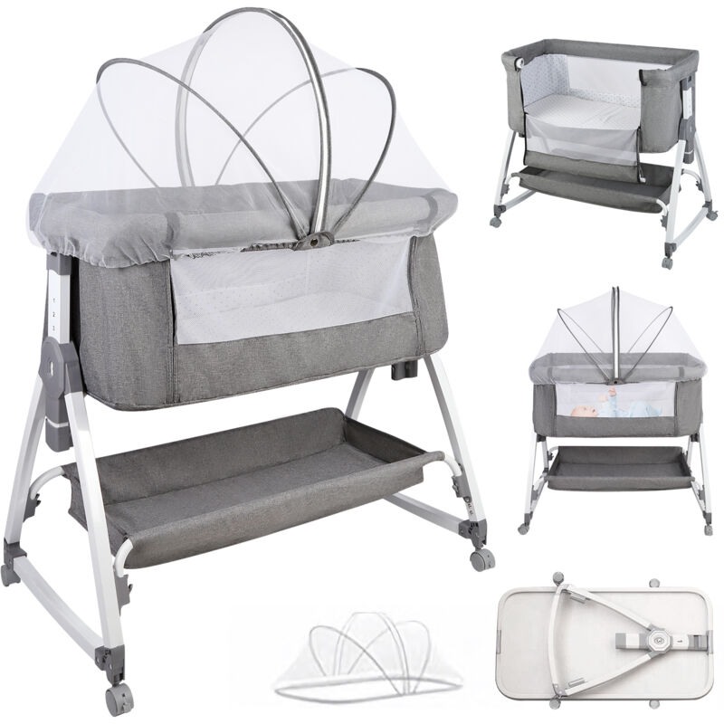 Babybett Beistellbett 6-stufig verstellbares Zusammenklappbar mit Rollen & Moskitonetz 91x50x116cm Leinengrau