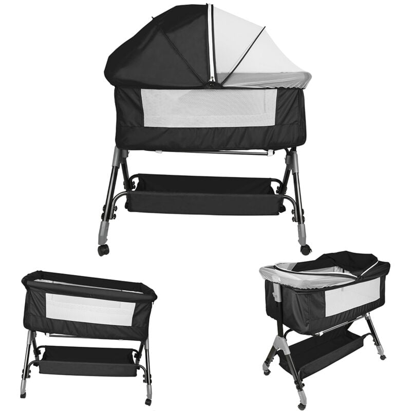 Babybett, faltbares Babybett, klappbare Seitenteile, höhenverstellbar, Netzfenster, Aufbewahrungskorb auf Rädern – Schwarz