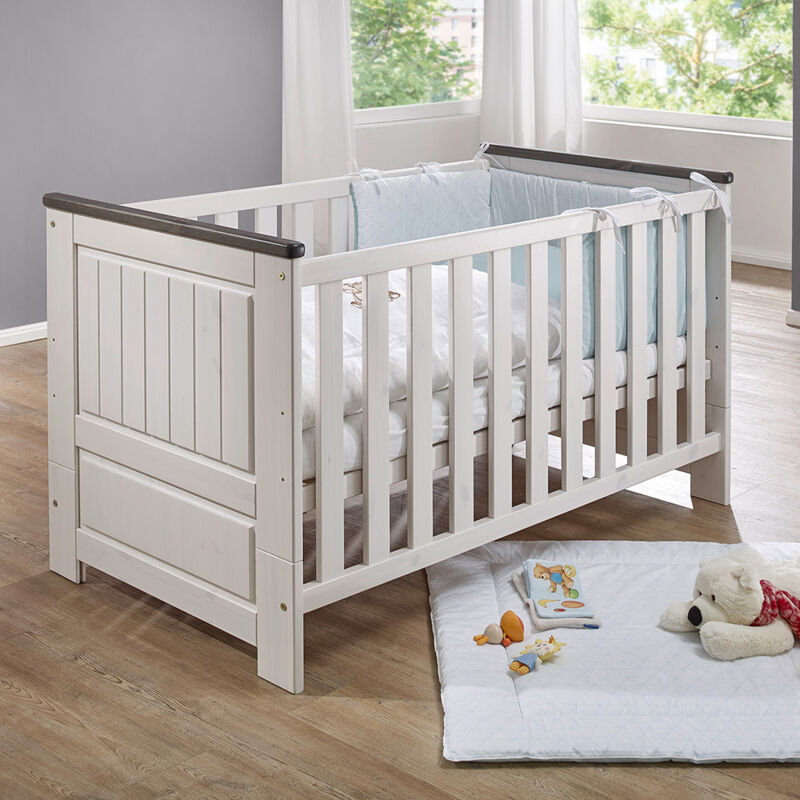 Babybett Gitterbett Kiefer weiß mit grau, JAANIKA-69