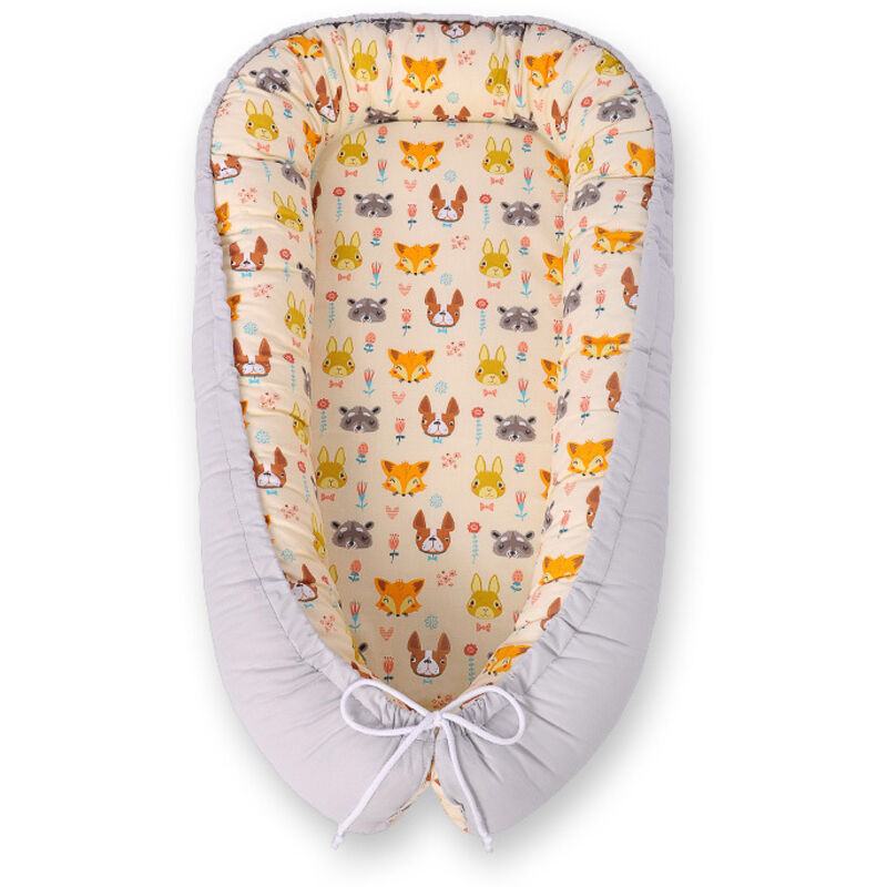 Babykokon, doppelseitig, Laufstall, Wickeltuch, Premium BOBONO - cremefarbene Tiere