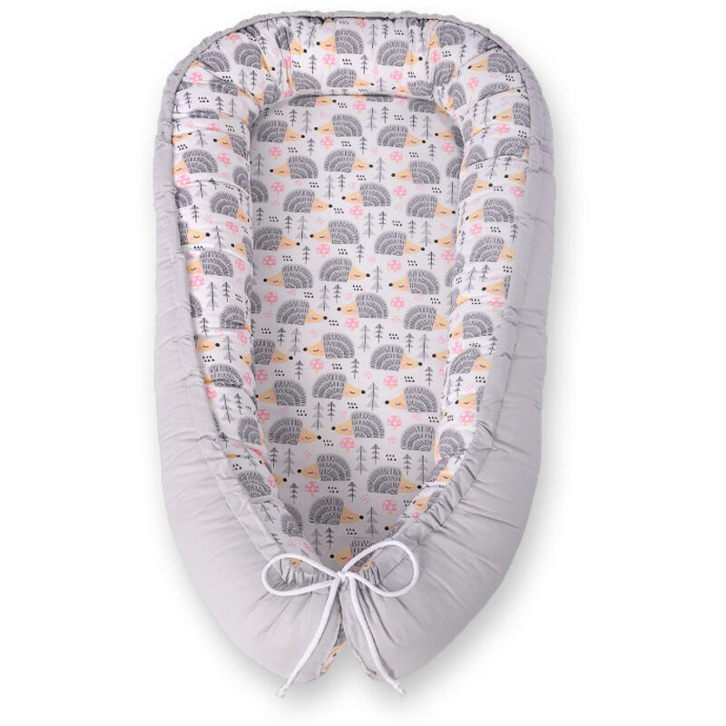 Babykokon, doppelseitig, Laufstall, Wickeltuch, Premium BOBONO - graue Igel