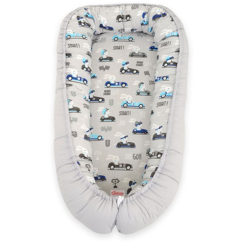 Babykokon, doppelseitig, Laufstall, Wickeltuch, Premium BOBONO - Hasen im Auto, grau/grau