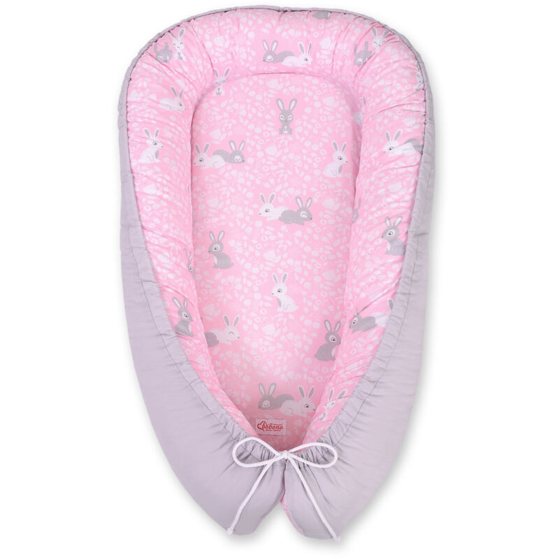 Babykokon, doppelseitig, Laufstall, Wickeltuch, Premium BOBONO - rosa/graue Hasen