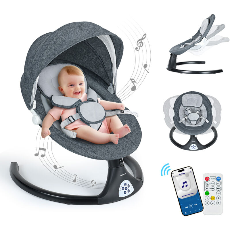 Babyschaukel elektrische Babywippe 5 Gänge mit bluetooth Musik und Fernbedienung, Wiederaufladbarer Akku oder Steckeradapter - Schwarz