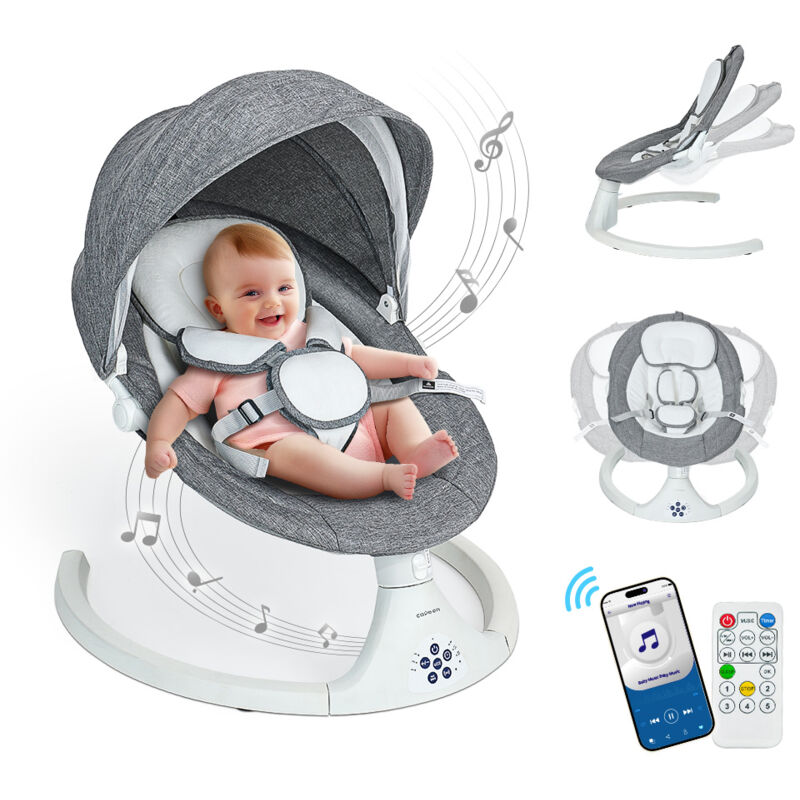 Babyschaukel elektrische Babywippe 5 Gänge mit bluetooth Musik und Fernbedienung, Wiederaufladbarer Akku oder Steckeradapter - Weiß