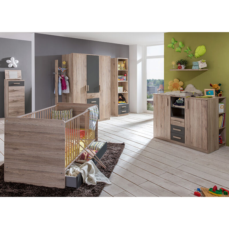 Lomadox - Babyzimmer Komplett-Set in Eiche mit graphit CANTON-43 mit Wickelkommode