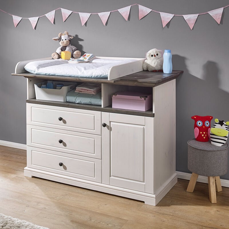 Babyzimmer Wickelkommode Kiefer weiß mit grau, JAANIKA-69