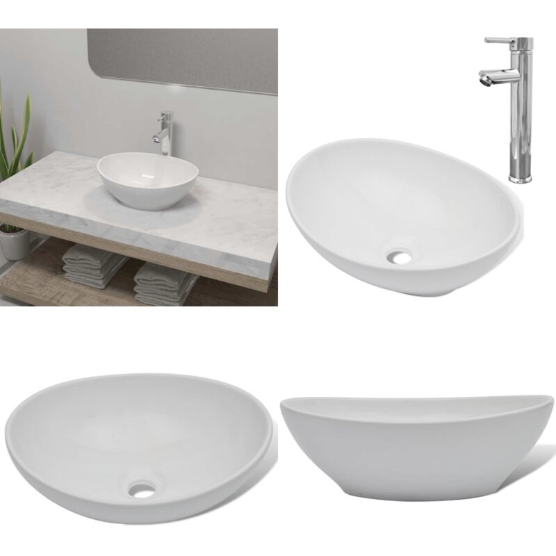 Vidaxl - Bad-Waschbecken mit Mischbatterie Keramik Oval Weiß - Waschbecken - Keramikwaschbecken - Ovales Waschbecken - Badezimmerarmature