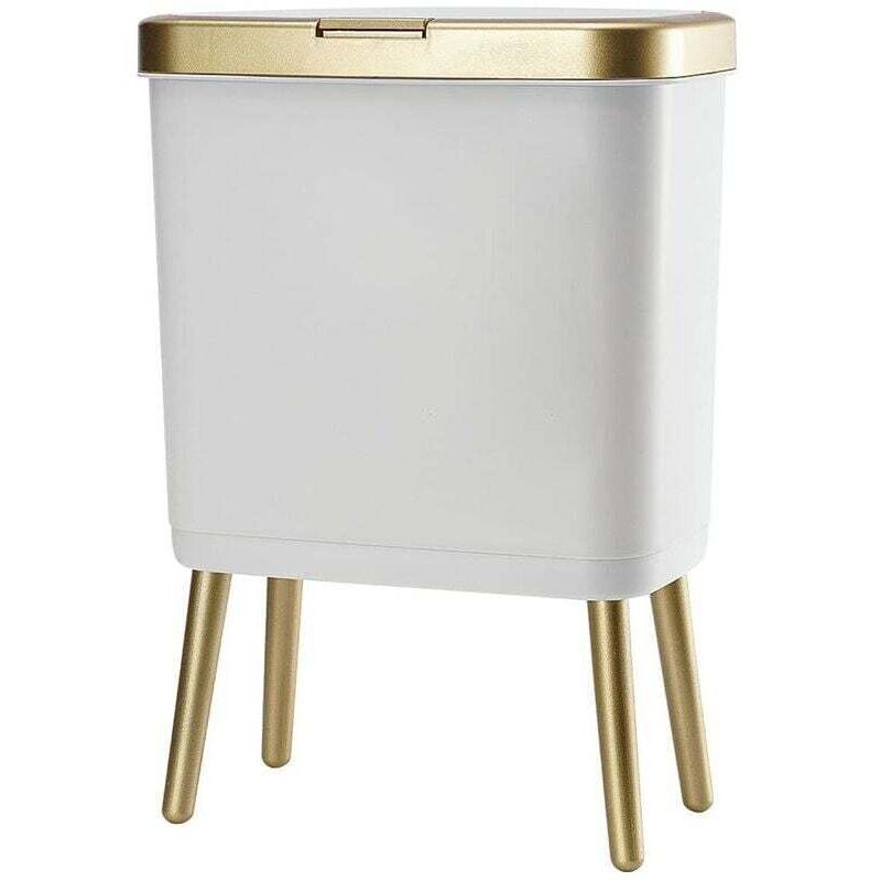 Badezimmer-Mülleimer mit Deckel, Kunststoff-Mülleimer mit Deckel, goldener 4-Gallonen-Mülleimer mit Knopf, schmaler weißer Mülleimer für Schlafzimmer