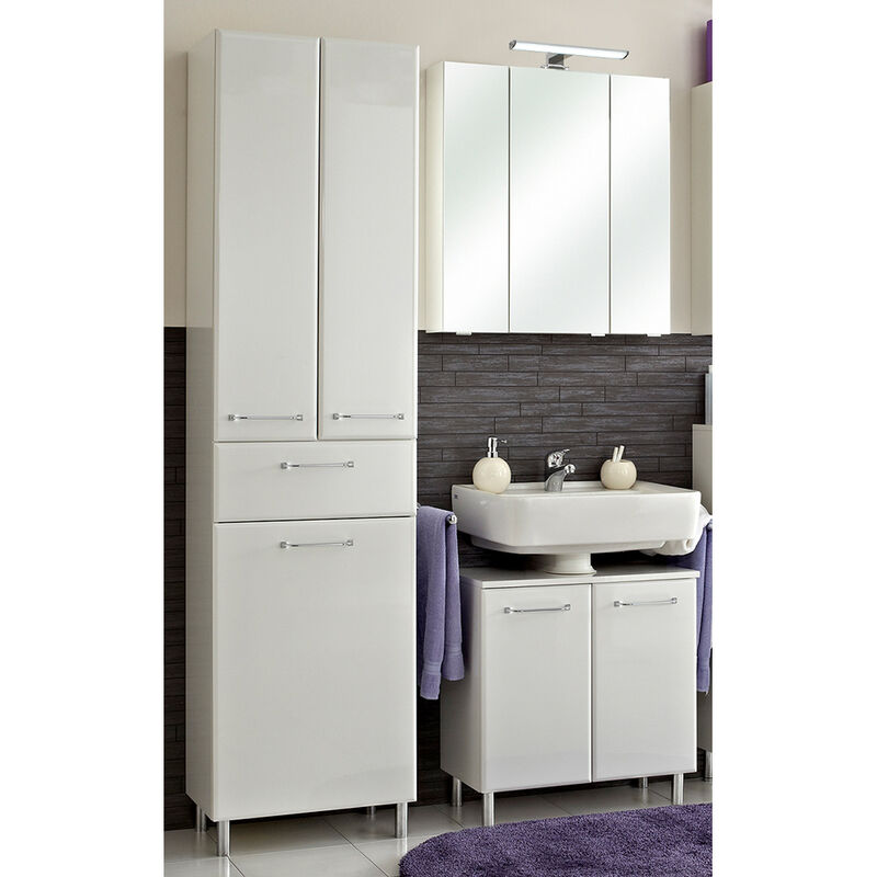 Lomadox - Badezimmer Set mit Füßen in chrom Glanz QUEBEC-66 in weiß Hochglanz, b/h/t: ca. 130/195,5/33 cm