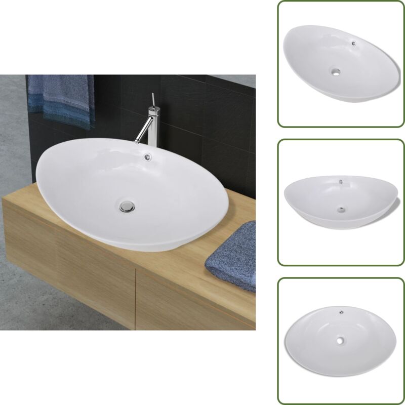 Keramik Waschbecken Keramikspülen Überlauf Oval 59 x 38,5 cm - Keramik Waschbecken - Ovales Waschbecken - Waschbecken Weiß - Handwaschbecken