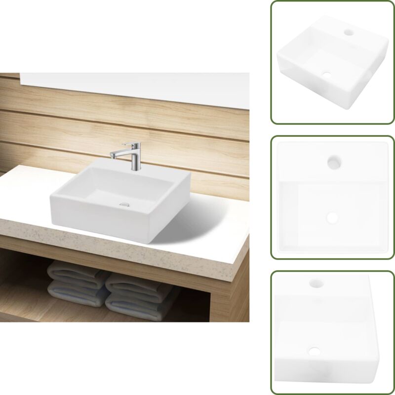 Keramik Waschbecken mit Hahnloch Weiß Quadratisch - Keramik Waschbecken - Weißes Waschbecken - Quadratisches Waschbecken - Aufsetzwaschbecken