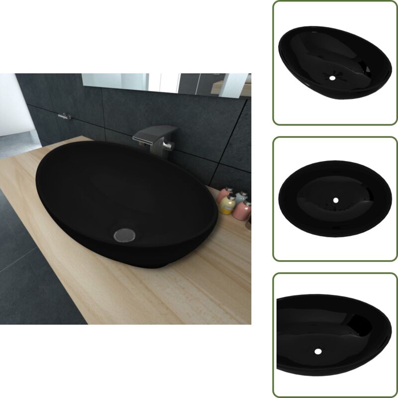 Vidaxl - Keramik Waschtisch Waschbecken Oval schwarz 40 x 33 cm - Schwarzes Waschbecken - Ovale Waschbecken - Keramikwaschbecken