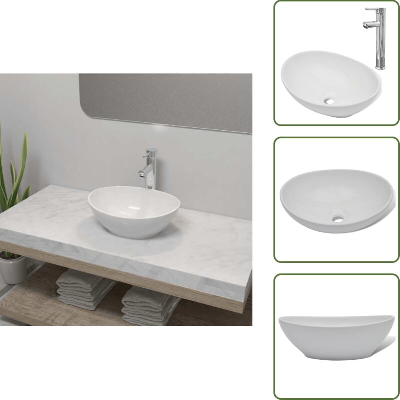 Vidaxl - Bad-Waschbecken mit Mischbatterie Keramik Oval Weiß - Waschbecken - Keramikwaschbecken - Ovales Waschbecken - Badezimmerarmature