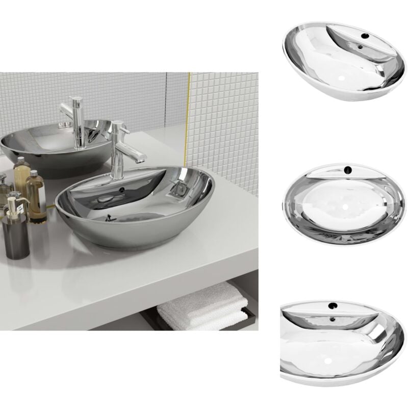 Waschbecken mit Überlauf 58,5 x 39 x 21 cm Keramik Silbern - Ovales Waschbecken - Keramik Waschbecken - Silberner Waschbecken - Einbauwaschbecken