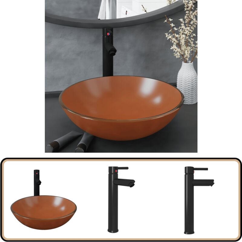 Badezimmer Waschbecken mit Wasserhahn und Ablaufgarnitur Braun - Rundes Waschbecken - Glas Waschbecken - Designer Waschbecken - Braunes Waschbecken