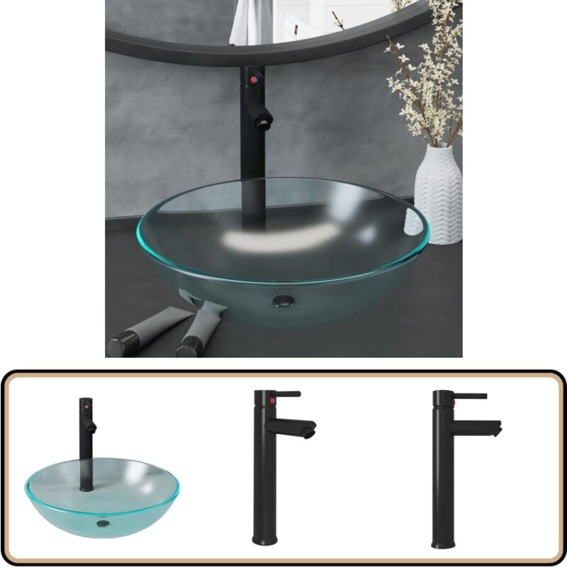 Badezimmer Waschbecken Wasserhahn Ablaufgarnitur aus mattiertem - Schwarzes Waschbecken - Rundes Waschbecken - Glas Waschbecken - Badeszimmerarmature