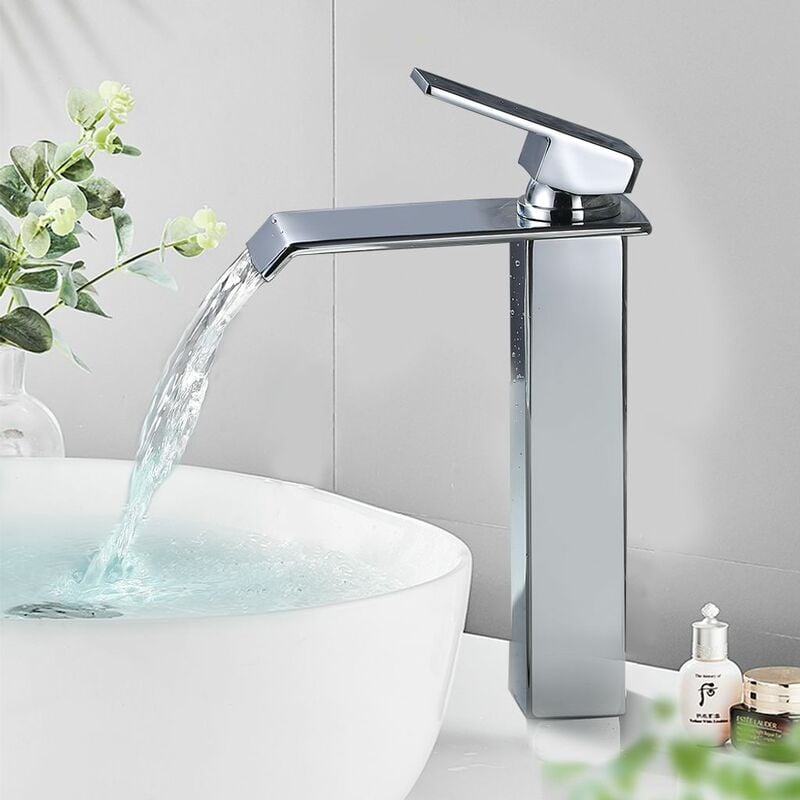 Mumu - Badezimmer-Wasserhahn, Wasserfall-Wasserhahn, hoher Waschtisch-Wasserhahn, Messing-Waschtisch-Wasserhahn, Einhebel-Badezimmermischer, Chrom