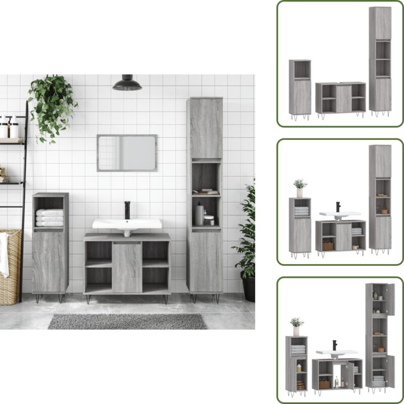 3-tlg. Badmöbel-Set Grau Sonoma Holzwerkstoff - Badmöbel-Set - Badezimmermöbel - Holzwerkstoff - Graue Farbe - Badschränke